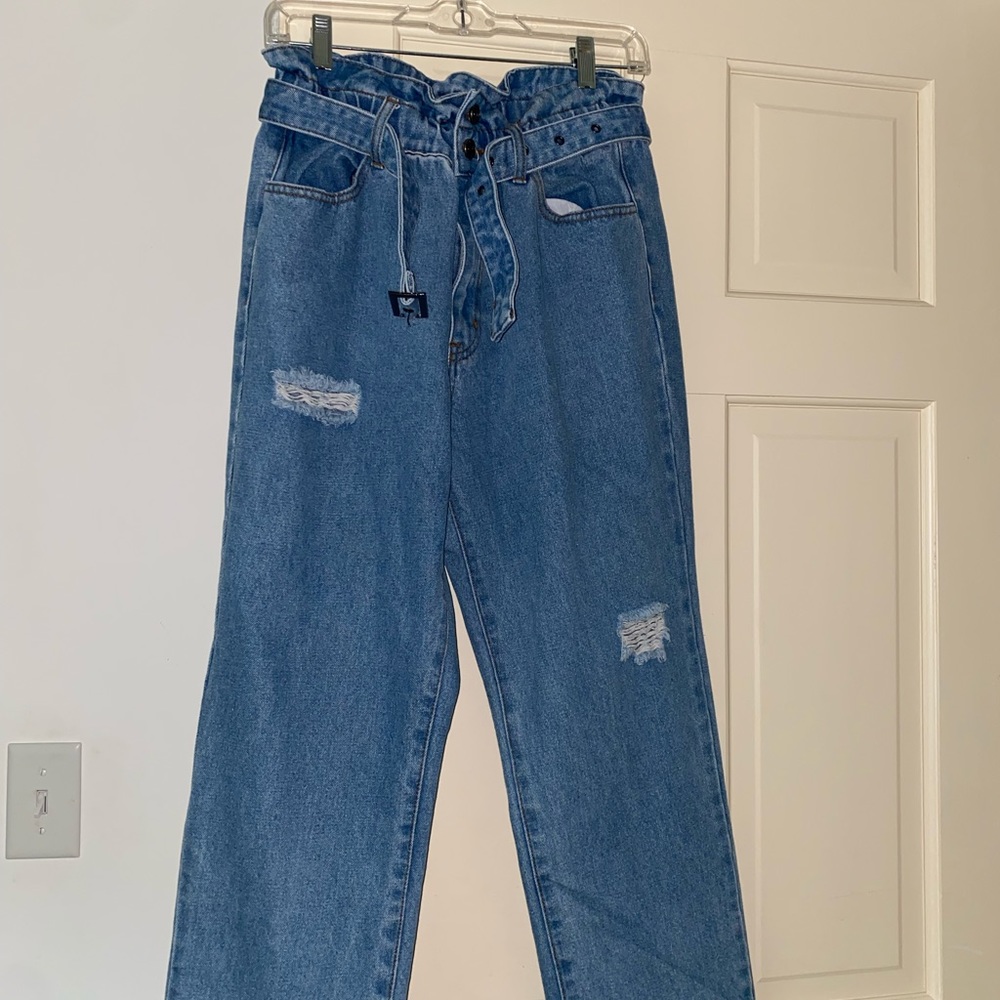 Blue Wide Leg Jeans with Built-In Belt